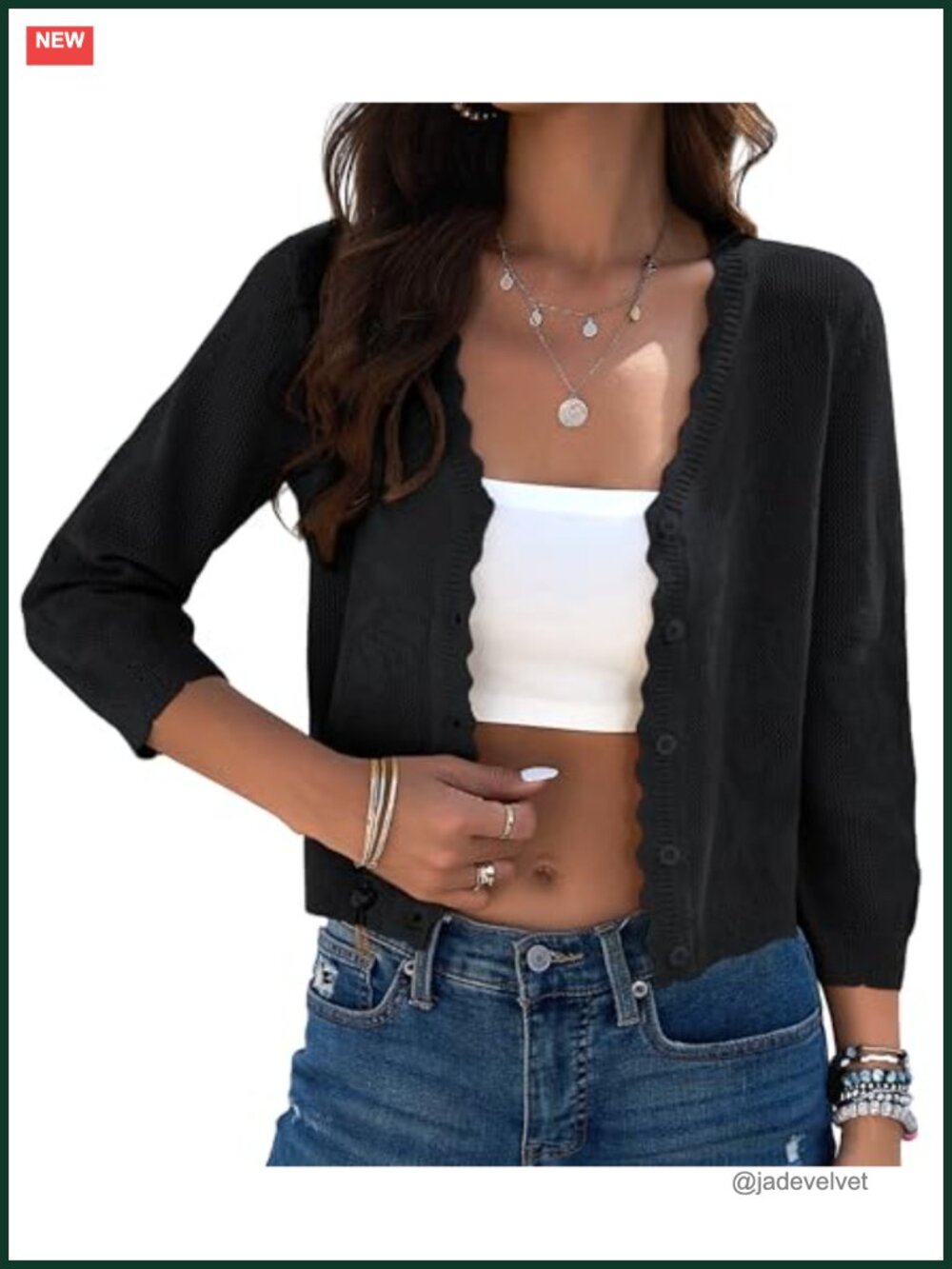 Women's Crochet Cardigan Shrug 3/4 Sleeve Button Up Lightweight Crop Sweater
